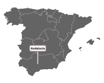 Landkarte von Spanien mit Ortsschild von Andalusien