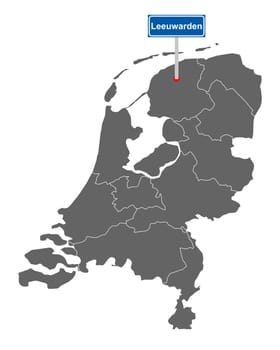 Landkarte der Niederlande mit Orstsschild Leeuwarden