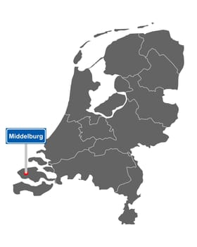 Landkarte der Niederlande mit Orstsschild Middelburg
