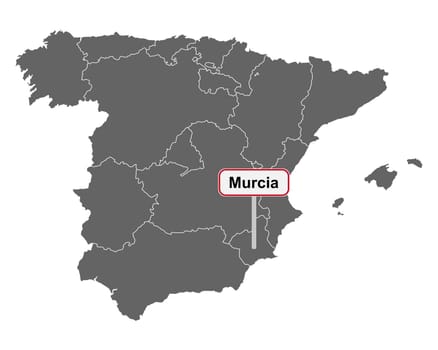 Landkarte von Spanien mit Ortsschild Murcia