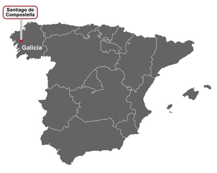 Landkarte von Spanien mit Ortsschild von Santiago de Compostella
