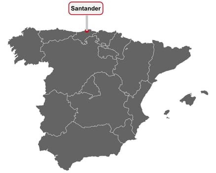 Landkarte von Spanien mit Ortsschild von Santander