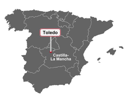 Landkarte von Spanien mit Ortsschild von Toledo