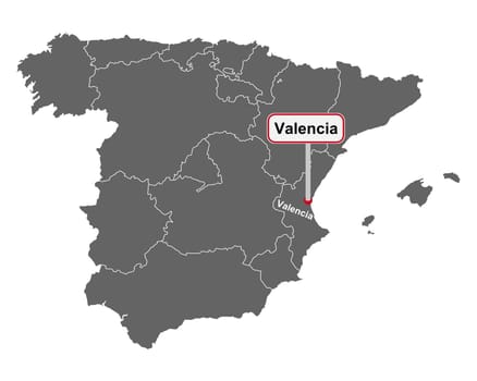 Landkarte von Spanien mit Ortsschild von Valencia