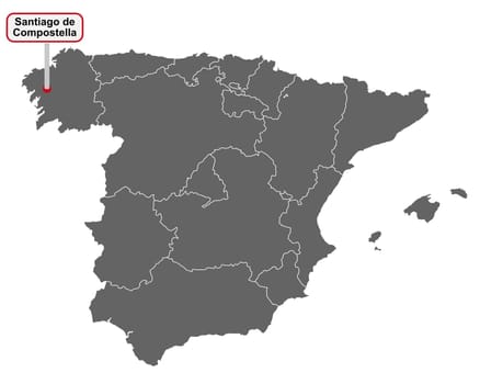 Landkarte von Spanien mit Ortsschild von Santiago de Compostella