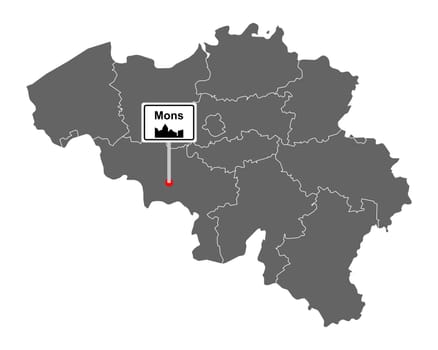 Landkarte von Belgien mit Orstsschild Mons