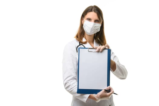 Girl doctor shows a tablet with a blank sheet of paper in front of her