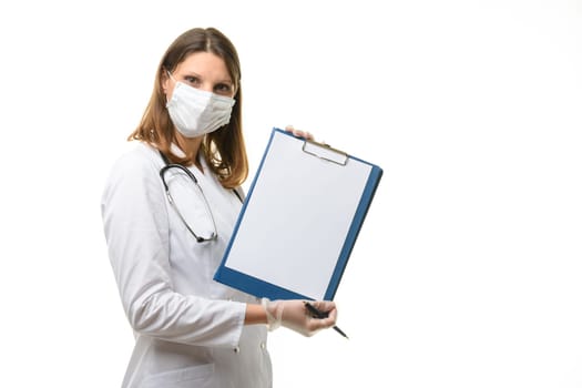 The doctor shows a tablet with a white sheet of paper in the frame