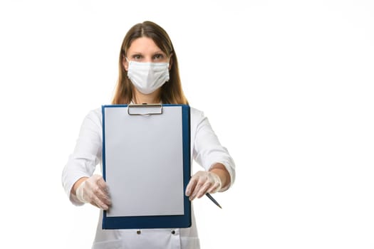 The doctor shows a tablet with a white sheet of paper in front of him