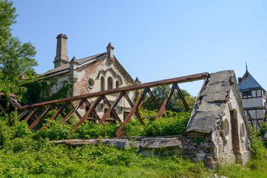 Old and very ruined buildings outside Kharkiv, in an Ukrainian forest