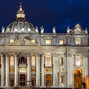 Rome, Italy - April 05, 2015: San Peter Cathedral in the night in Rome Italy