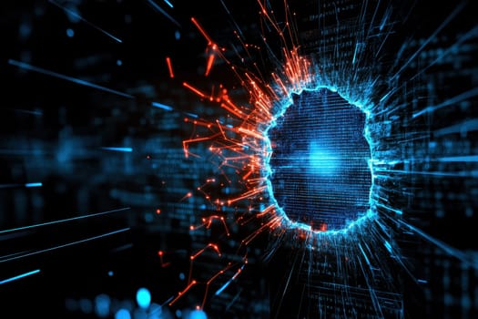 This striking abstract image showcases a digital burst in blue and red, creating a vivid contrast against a dark background, symbolizing energy and innovation.