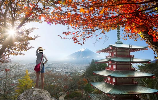 The imaging of Mt. Fuji autumn with red maple leaves, Japan
