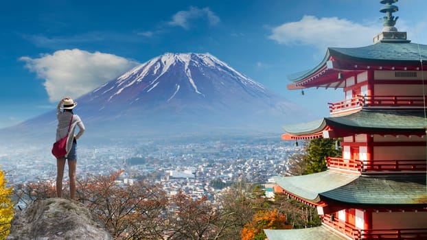 The Mountain Fuji in autumn with red maple leaves, Japan