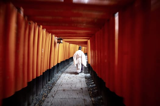 The Priest in traditional japanese kimonos walking at Fushimi Inari Shrine in Kyoto, Japan