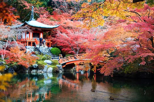 The Japanese Heritage. Serene Famous Daigo-ji Temple During Beautiful Red Maples Autumn Season at Kyoto City in Japan