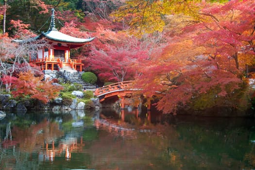The Japanese Heritage. Serene Famous Daigo-ji Temple During Beautiful Red Maples Autumn Season at Kyoto City in Japan
