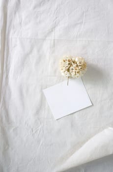 White paper and whit flower on white fabric , decoration background