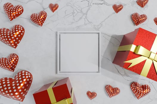 3D image , White frame of gift box and hearts on marble background . Concept valentine day , wedding