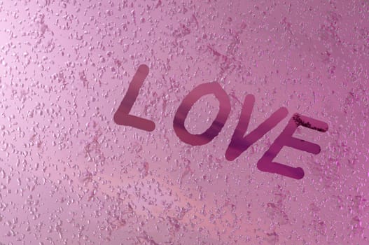 3D image ,  writes  '" love ""on window glass with drops on pink color background. Concept valentine day , wedding"