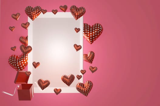 3D image , White frame of gift box and hearts on red background . Concept valentine day , wedding