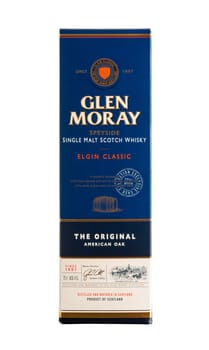 BAYONNE, FRANCE - CIRCA DECEMBER 2020: Glen Morray Classic single malt whisky bottle box isolated on white background