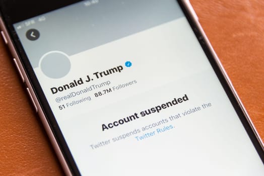 BAYONNE, FRANCE - JANUARY 9, 2021: US President Donald Trump has been permanently suspended from Twitter.