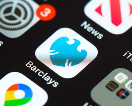 BAYONNE, FRANCE - CIRCA JANUARY 2021: Barclays Bank app icon on Apple iPhone screen. Application for online banking.