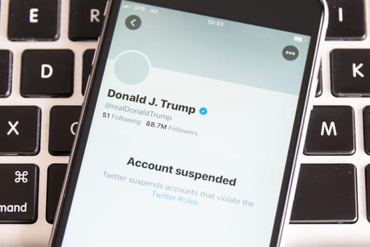 BAYONNE, FRANCE - JANUARY 9, 2021: US President Donald Trump has been permanently suspended from Twitter.