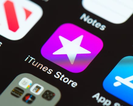 BAYONNE, FRANCE - CIRCA JANUARY 2021: iTunes Store app icon on Apple iPhone screen. The iTunes Store is an online digital media store.