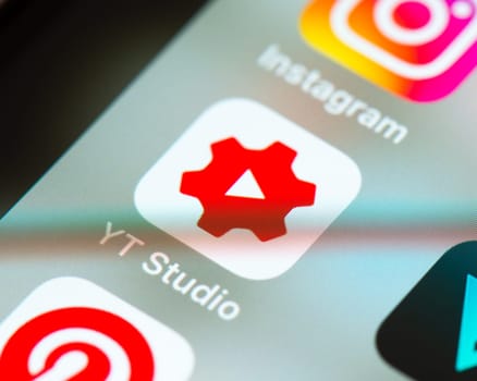 BAYONNE, FRANCE - CIRCA JANUARY 2021: Youtube Studio app icon on Apple iPhone screen.