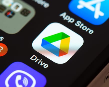 BAYONNE, FRANCE - CIRCA JANUARY 2021: Google Drive app icon on Apple iPhone screen. Google Drive is a file storage and synchronization service .