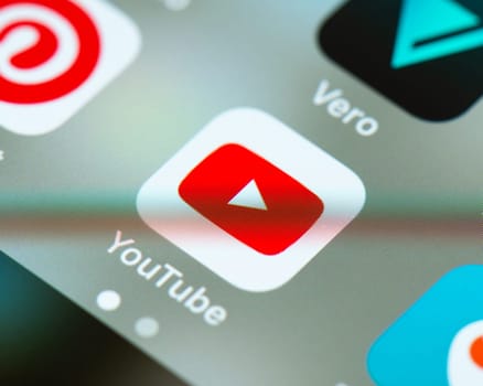 BAYONNE, FRANCE - CIRCA JANUARY 2021: Youtube app icon on Apple iPhone screen. YouTube is an American online video-sharing platform. Google bought the site in November 2006.