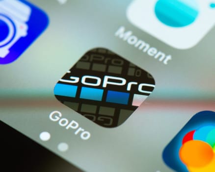 BAYONNE, FRANCE - CIRCA JANUARY 2021: GoPro app icon on Apple iPhone screen. The GoPro app let you connect to your goPro camera and edit photos and videos.