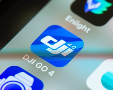 BAYONNE, FRANCE - CIRCA JANUARY 2021: DJI Go 4 app icon on Apple iPhone screen. DJI Go 4 is an application to provide live video transmission feed from a DJI drone to a smartphone.