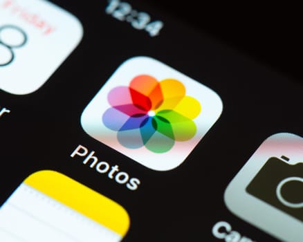 BAYONNE, FRANCE - CIRCA JANUARY 2021: Photos app icon on Apple iPhone screen