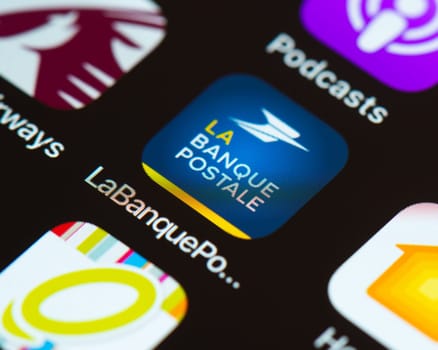 BAYONNE, FRANCE - CIRCA JANUARY 2021: La Banque Postale app icon on Apple iPhone screen. It is an application used for online banking.