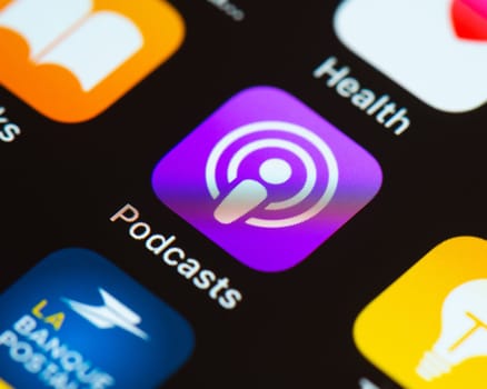 BAYONNE, FRANCE - CIRCA JANUARY 2021: Podcasts app icon on Apple iPhone screen.