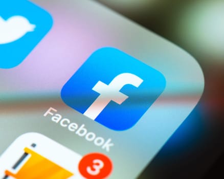 BAYONNE, FRANCE - CIRCA JANUARY 2021: Facebook app icon on Apple iPhone screen. Facebook is a social media service and technology company. Its CEO is Mark Zuckerberg.