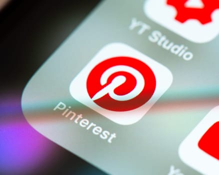 BAYONNE, FRANCE - CIRCA JANUARY 2021: Pinterest app icon on Apple iPhone screen. Pinterest is an American image sharing and social media service.