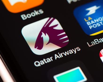 BAYONNE, FRANCE - CIRCA JANUARY 2021: Qatar Airways app icon on Apple iPhone screen.