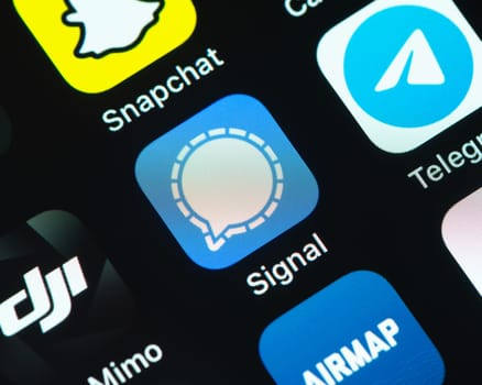 BAYONNE, FRANCE - CIRCA JANUARY 2021: Signal app icon on Apple iPhone screen. Signal is an encrypted messaging service developed by the Signal Foundation and Signal Messenger.