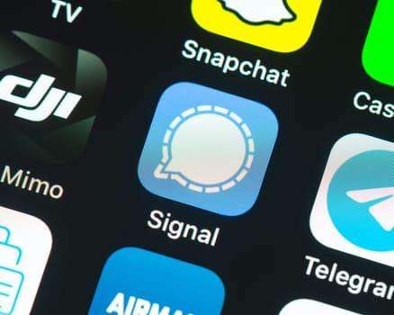 BAYONNE, FRANCE - CIRCA JANUARY 2021: Signal app icon on Apple iPhone screen. Signal is an encrypted messaging service developed by the Signal Foundation and Signal Messenger.