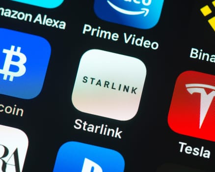 BAYONNE, FRANCE - CIRCA JANUARY 2021: Starlink app icon on Apple iPhone screen. Starlink is a satellite internet constellation being constructed by SpaceX to provide satellite internet access.