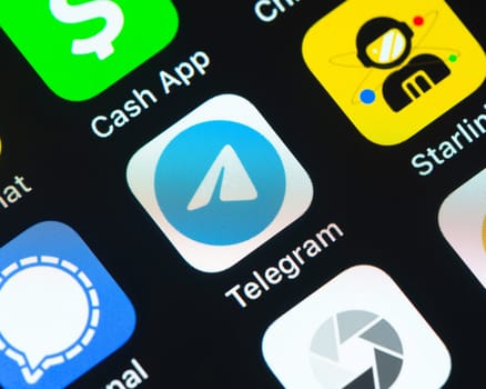 BAYONNE, FRANCE - CIRCA JANUARY 2021: Telegram app icon on Apple iPhone screen. Telegram is a cloud-based instant messaging software and application service.