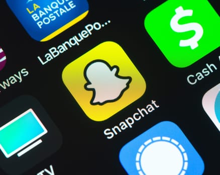 BAYONNE, FRANCE - CIRCA JANUARY 2021: Snapchat app icon on Apple iPhone screen. Snapchat is a multimedia messaging app developed by Snap Inc.