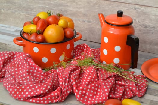 russian pan with fresh red and yellow tomatoes on the rustic table
