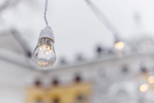 Lighting decor. Retro light bulb filament close up.Illuminated.