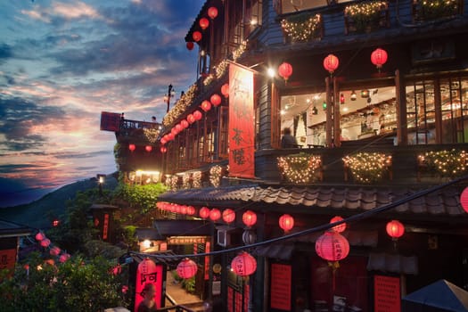 Taipei City, Taiwan - Apr 25, 2011: Night Street View of the Famous Small Mountain Village, Old Town Jiufen