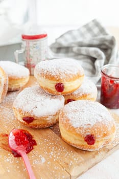 Delicious German donuts filled with jam and powderd sugar